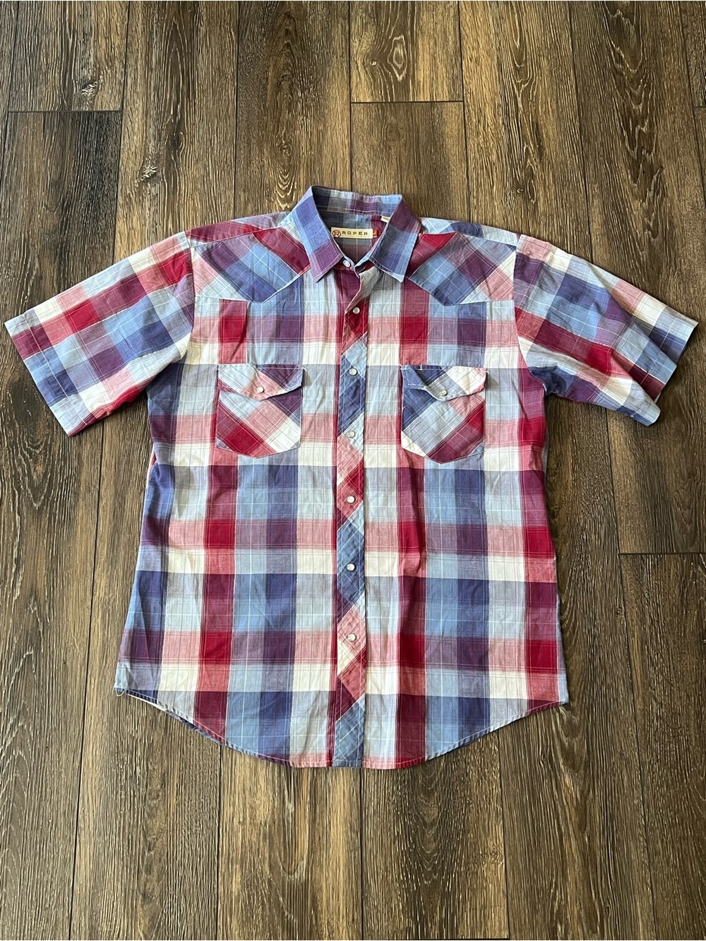 Roper Red White & Blue Plaid Short-Sleeve Pearl Snap Western Shirt Mens Large